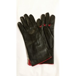 Rękawiczki damskie skórzane czarne z czerwoną lamówką 